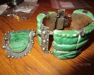 JADE AND STERLING BRACELET AND BROOCH