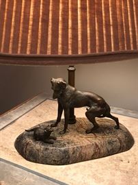 Theodore Alexander bronze lamp with dog and cat on marble base