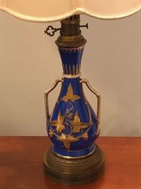 Antique French porcelain oil lamp electrified and mounted on brass base
