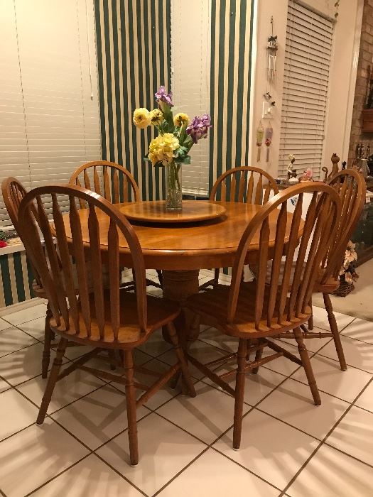 GORGEOUS 54" Round wooden table, with removable lazy-susan and six chairs! LIKE NEW!