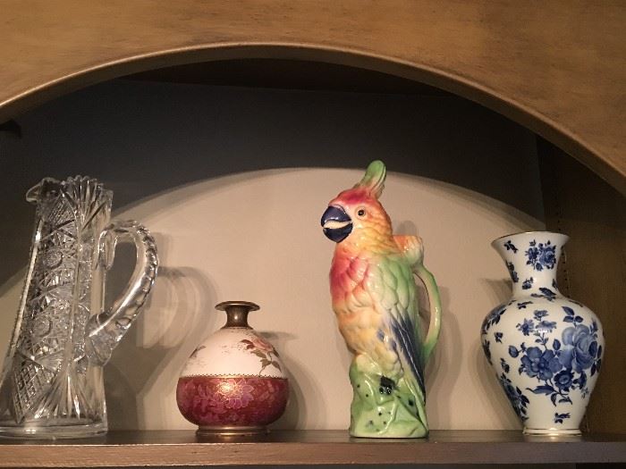 cut crystal pitcher, vases, ceramic parrot