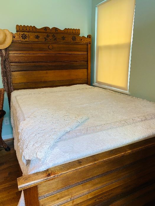 Exquisite Detailed, High Back, Antique Oak Full Size Bed Complete with Head and Foot Boards, Side Boards
