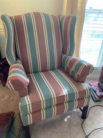 #20 2 green burgundy wing back chairs CR Lane $30 ea as is