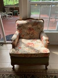 #26 french provencal chair w button back green flower fabric $20.00