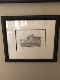 Framed ink drawing