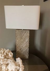 Silver square lamp with rectangular linen lamp shade