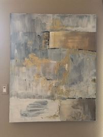 Medium size abstract painting in blue tones with white and gold accent