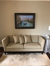 Large beige sofa, comes with 4 decorative pillows perfect for a livingroom or tv room