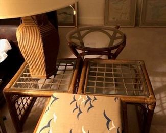 Rattan end tables; wicker lamp 