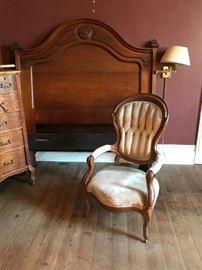 Victorian Walnut Bed and Victorian Upholstered and tufted Gent's chair