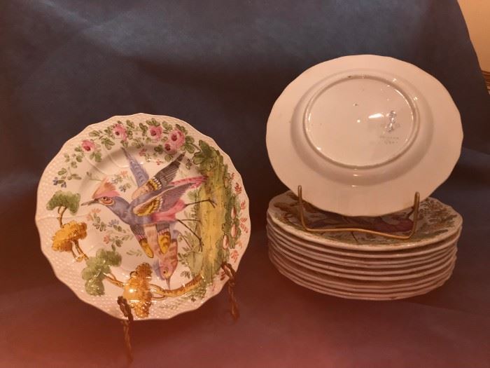 Beautiful mid 19c whimsically decorated terre de fer, French tin glazed earthenware plates