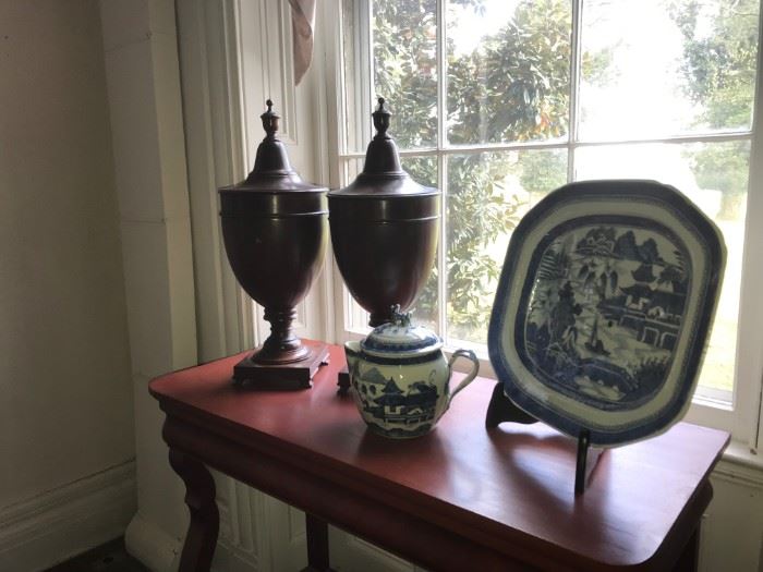 Late 19c Georgian style Cutlery Urns, heavy blue and white Canton well and tree platter, blue and white Canton Tea Pot