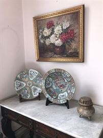 Incredibly beautiful Mid 19c Rose Medallion Charger and bowl w/  painting of bowl of  peonies above