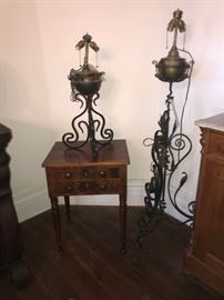 Mid 19c handmade two drawer stand and wrought iron lamps from the estate of Stuart Dale Carter from Buchanan