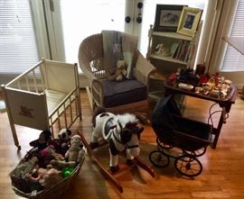 Vintage doll crib, buggy and books