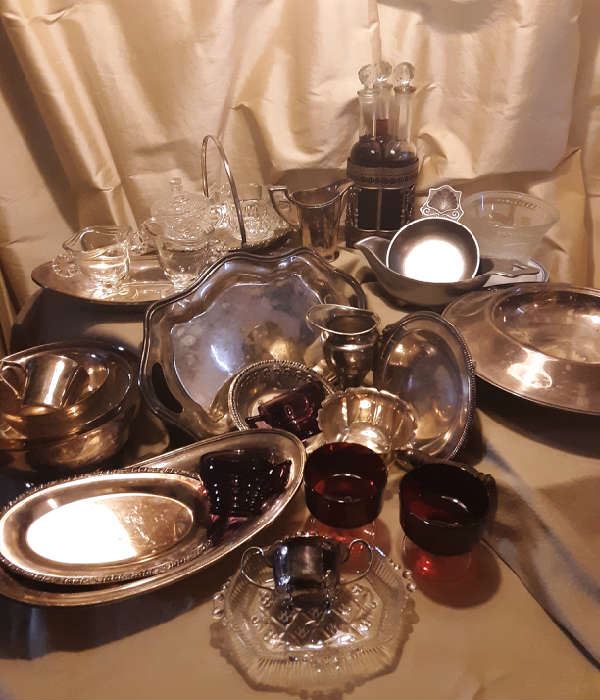 So much silverplate, fun serving pieces and glassware