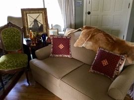 Loveseat and vintage green velvet side chair