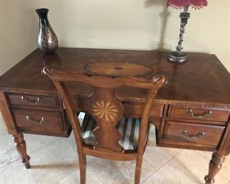 Traditional, Writing Desk with 5-drawers in a beautiful 2 tone, Cherry & Walnut burl wood with a lovely design on desk top. Includes a Clawfoot chair.