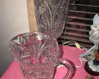 CRYSTAL VASES AND PITCHER