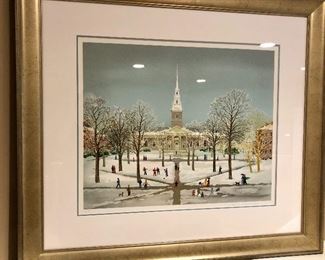 An artist proof lithograph from the Harvard 350th Anniversary Series by French artist Michel Delacroix (born 1933). This print depicts a winter view of the pathways in front of the campus’s Harvard Memorial church, the grounds and buildings blanketed by snow. The work is signed and marked “E.A.,” indicating that it is an artist proof, in pencil to the lower margin