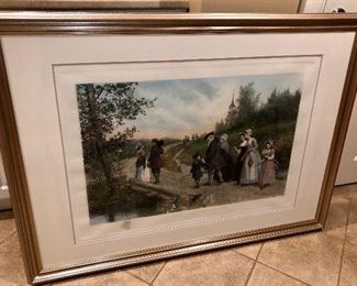 Large Antique Hand Colored "Sunday Morning in Sleepy Hollow" Print by Jennie Browncombe after an Etching by Jas S. King