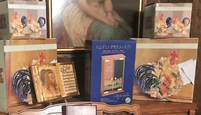 Framed painting, NIB: Lifestyles rooster platters, Lifestyle rooster sugar and creamers, collectible Elvis Presley musical jewelry box