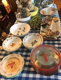 Dishes/bowls: Royal Norfolk, Tabletops Unlimited "Botanical Gardens," Gibson roosters, Living Home "Country Creek," Home Laughlin, Coca-cola, and more     