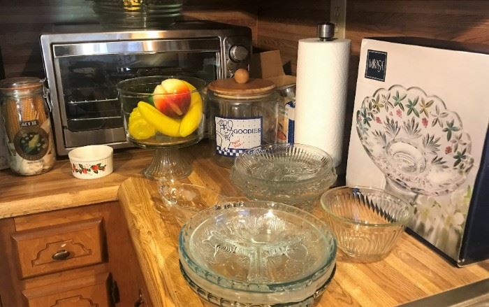 Mikasa serving bowl, glass partitioned serving bowls, Pillsbury Cookie jar, Toaster oven, large compote, more