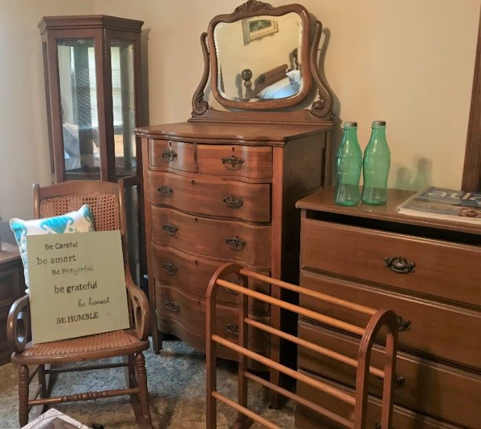 Curio cabinet, Antique tall dresser with mirror, smaller dresser, quilt rack, vintage chair, decor 