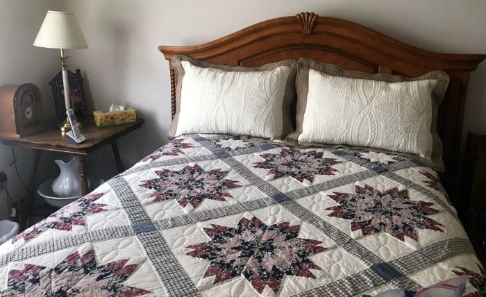 Full-size bed, square spool table, more 