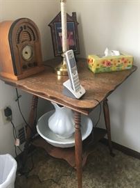 Antique spool leg table, table lamp, vintage pitcher and basin