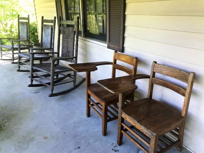 Vintage school desks, 3 porch rockers
