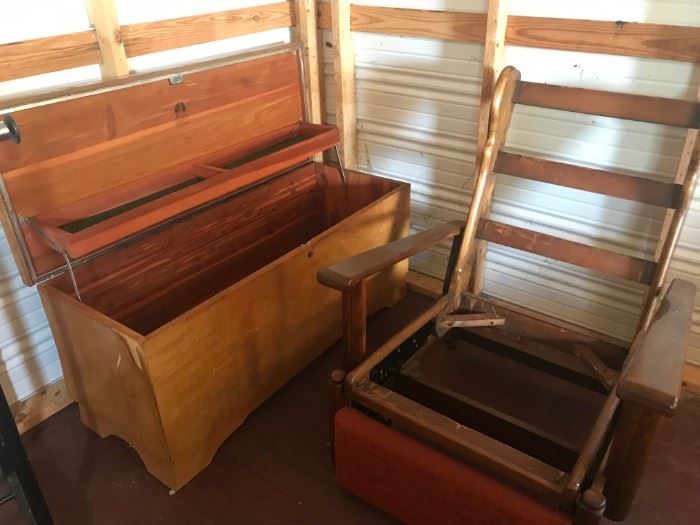 Vintage Lane chest, vintage reclining wooden chair