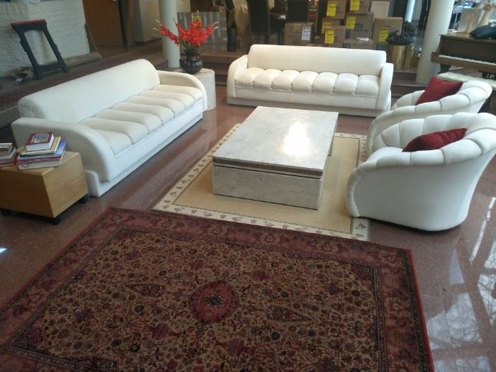 1970's Directional Custom Collection Mid Century Sofas  88" wide and two Swivel Chairs. Plus Travertine Coffee Table