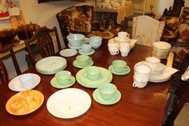 Fire King. Jade-ite, azure-ite, Torqouise blue, white shell w/ gold rim, lustre