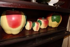 Hull "Blushing Apple" cookie jars and range set (grease jar and salt & pepper)