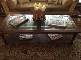 Mid Century Modern Oak Coffee Table with Cane Bottom and Beveled Glass