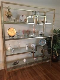 Mid Century Modern Brass Entertainment Center with Glass Shelves