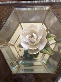 Beautiful Beveled Triket Box with Porcelain Magnolia 