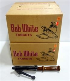 Vintage Remington Automatic Hand Trap Clay Pigeon Thrower And Approximately 240 Bob White Yellow Top Clay Pigeons