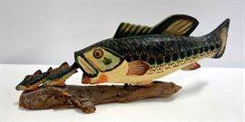 3-Dimensional Carved Wood Art of Bass Fish Eating Smaller Fish