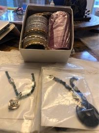 2 Stone and silver necklaces and set of Indian bangles.