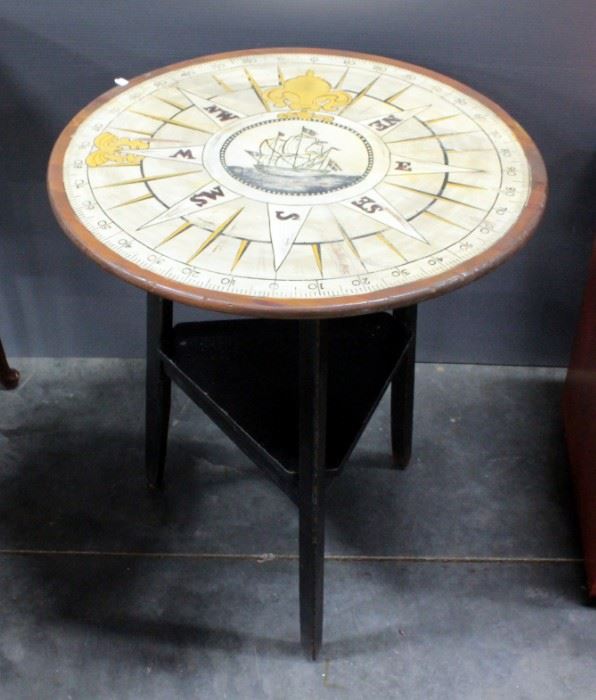 Hand-Painted Compass Rose End Table With Fleur-de-leis And Ship, Bottom Shelf, 25.25" Dia. x 28.5"H