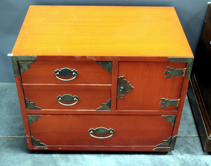Thomasville Trunk With 2 Drawers And Cubby With Door, Brass Accents And Side Handles 28"W x 22.75"H x 17.75"D