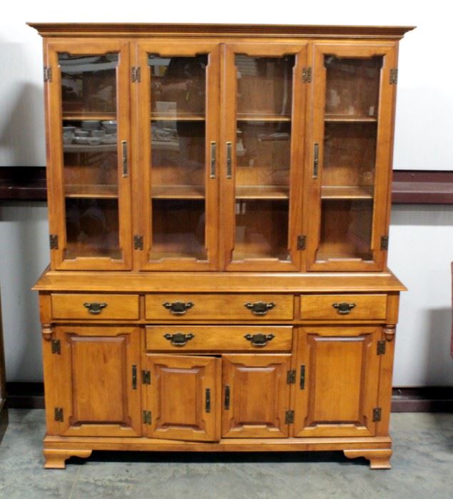 Young Republic Solid Wood China Cabinet, 4 Glass Door Hutch With 2 Wood Shelves, 4 Drawers, 3 Lower Storage Areas, Brass Pulls, Dovetail Construction