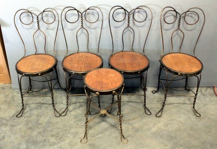 Cafe/Ice Cream Parlor Chairs And Stool With Wood Seats And Twisted Wire Legs And Backs, Total Qty 5