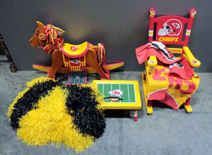 Kansas City Chiefs Rocking Horse And Rocking Chair By Danbury Mint, Chiefs Footstool With Chalkboard Field, Chiefs Banner And More