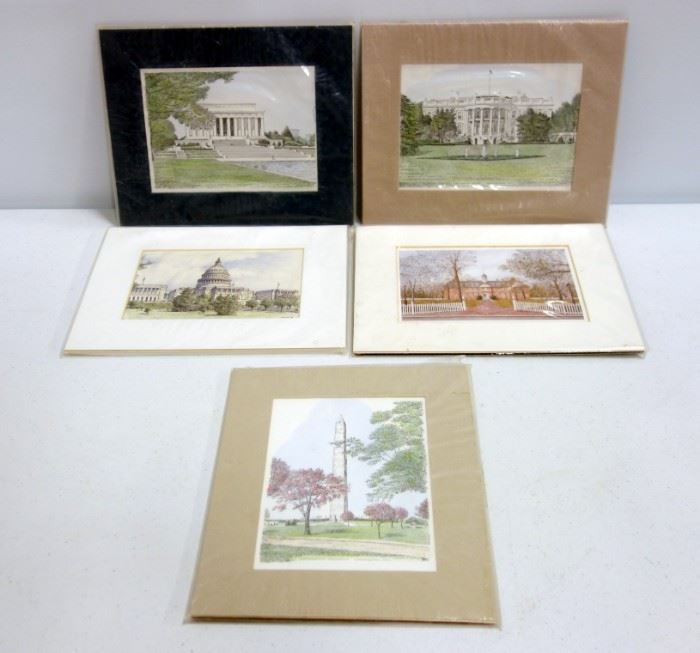 Hand Colored Goff Prints of Washington D.C. Area Landmarks, Matted 8" x 10"