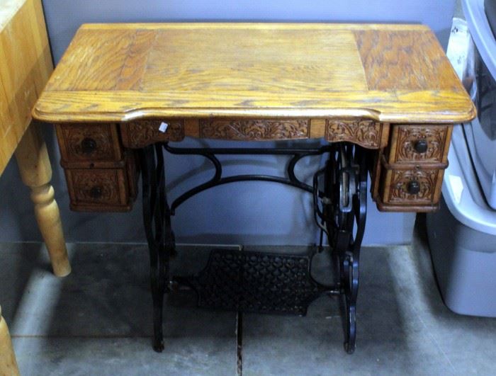 Antique Treadle Sewing Machine Cabinet, 4 Side Sewing Machine Drawers, Center Drawer, And Sewing Basket