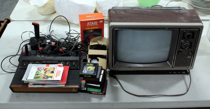 Atari CX-2600 Gaming System With Controllers, Power Adapter And Games Including Space Invaders, Pac-Man, Centipede And More Also AOC Television C3720A